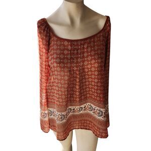 Sweet Journey Mixed Floral Bell Sleeve Semi Sheer Blouse Boho Women Sz L Peasant